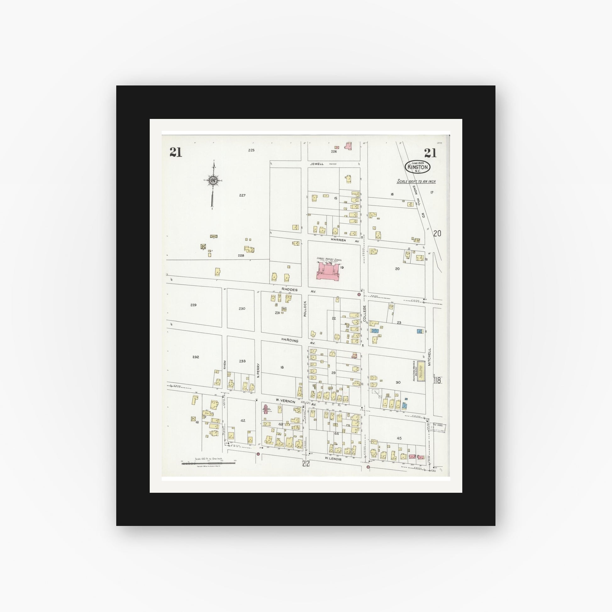 Old map wall art mockup — black gallery frame with white mat — Sanborn Fire Insurance Map from Kinston, Lenoir County, North Carolina (1925), Sheet #0021