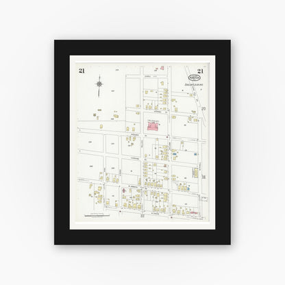 Old map wall art mockup — black gallery frame with white mat — Sanborn Fire Insurance Map from Kinston, Lenoir County, North Carolina (1925), Sheet #0021
