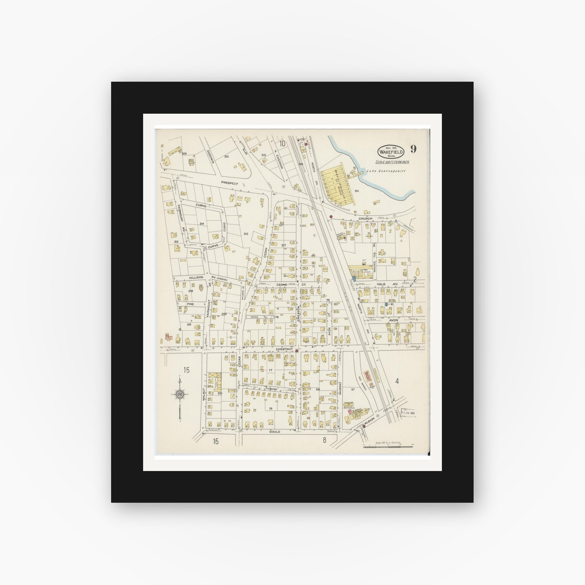 Old map wall art mockup — black gallery frame with white mat — Sanborn Fire Insurance Map from Wakefield, Middlesex County, Massachusetts (1915), Sheet #0009