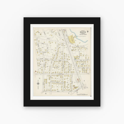 Old map wall art mockup — black gallery frame with white mat — Sanborn Fire Insurance Map from Wakefield, Middlesex County, Massachusetts (1915), Sheet #0009