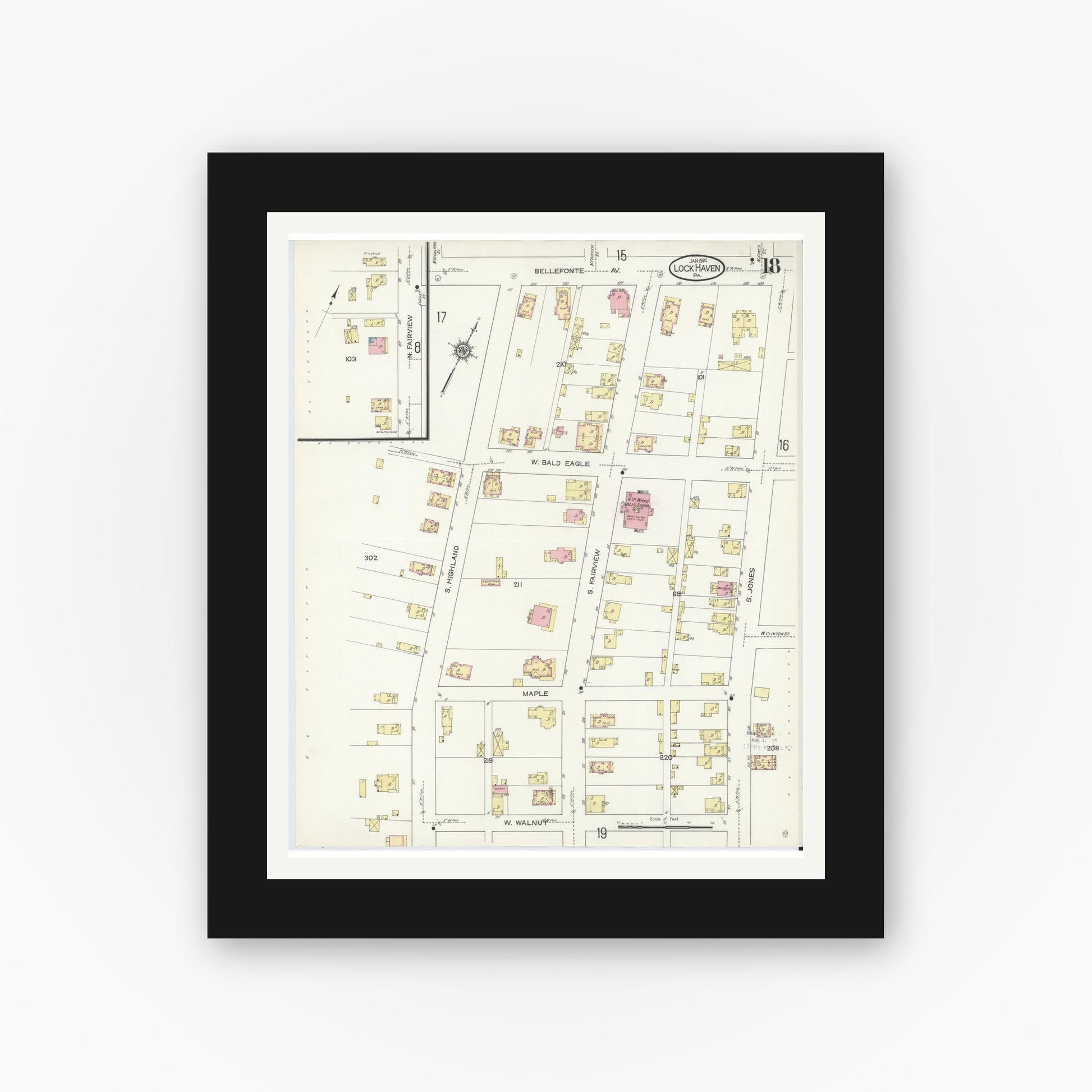Old map wall art mockup — black gallery frame with white mat — Sanborn Fire Insurance Map from Lock Haven, Clinton County, Pennsylvania (1914), Sheet #0018