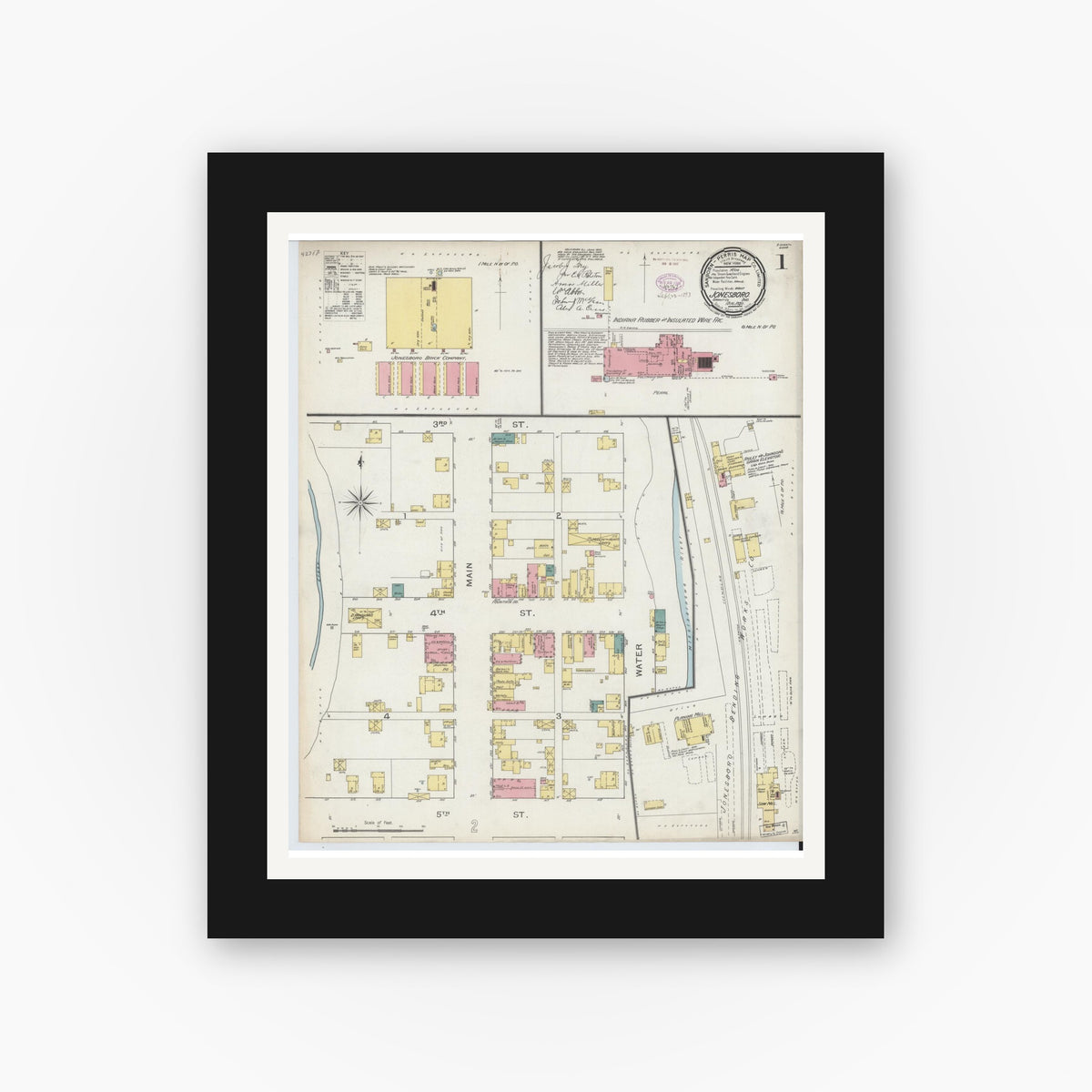 Old map wall art mockup — black gallery frame with white mat — Sanborn Fire Insurance Map from Jonesboro, Grant County, Indiana (1893), Sheet #0001