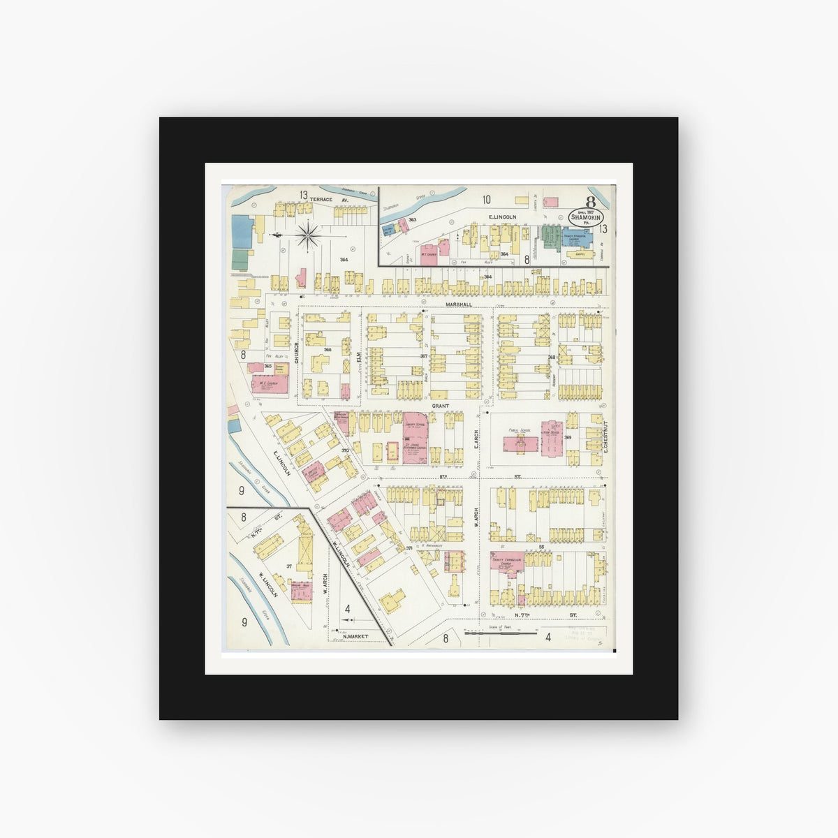 Old map wall art mockup — black gallery frame with white mat — Sanborn Fire Insurance Map from Shamokin, Northumberland County, Pennsylvania (1907), Sheet #0008
