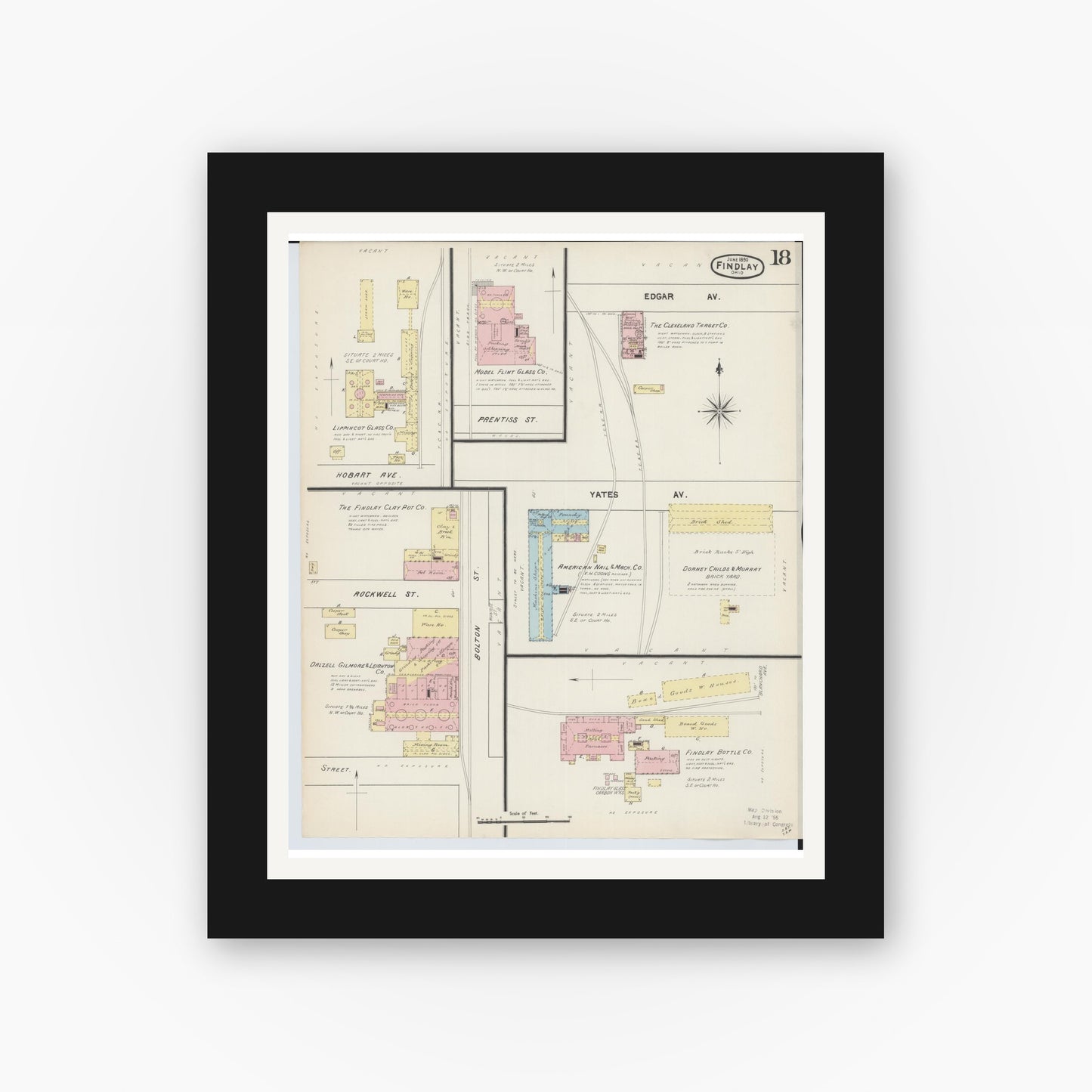 Old map wall art mockup — black gallery frame with white mat — Sanborn Fire Insurance Map from Findlay, Hancock County, Ohio (1890), Sheet #0018