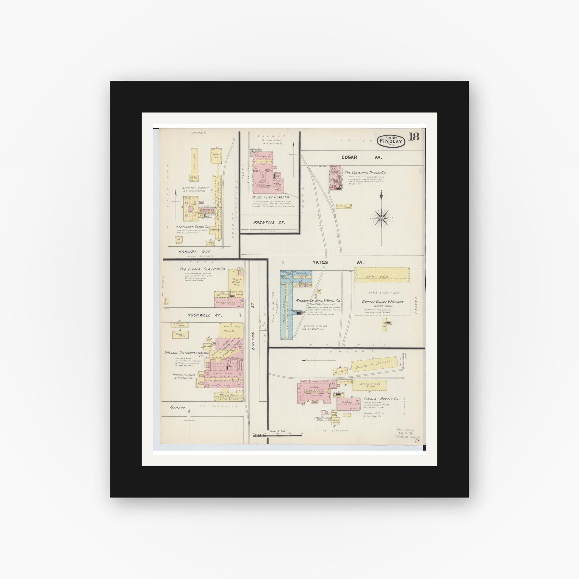 Old map wall art mockup — black gallery frame with white mat — Sanborn Fire Insurance Map from Findlay, Hancock County, Ohio (1890), Sheet #0018