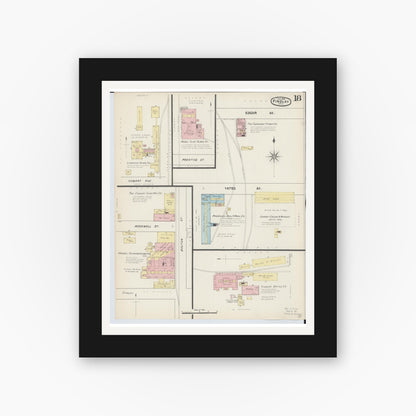 Old map wall art mockup — black gallery frame with white mat — Sanborn Fire Insurance Map from Findlay, Hancock County, Ohio (1890), Sheet #0018