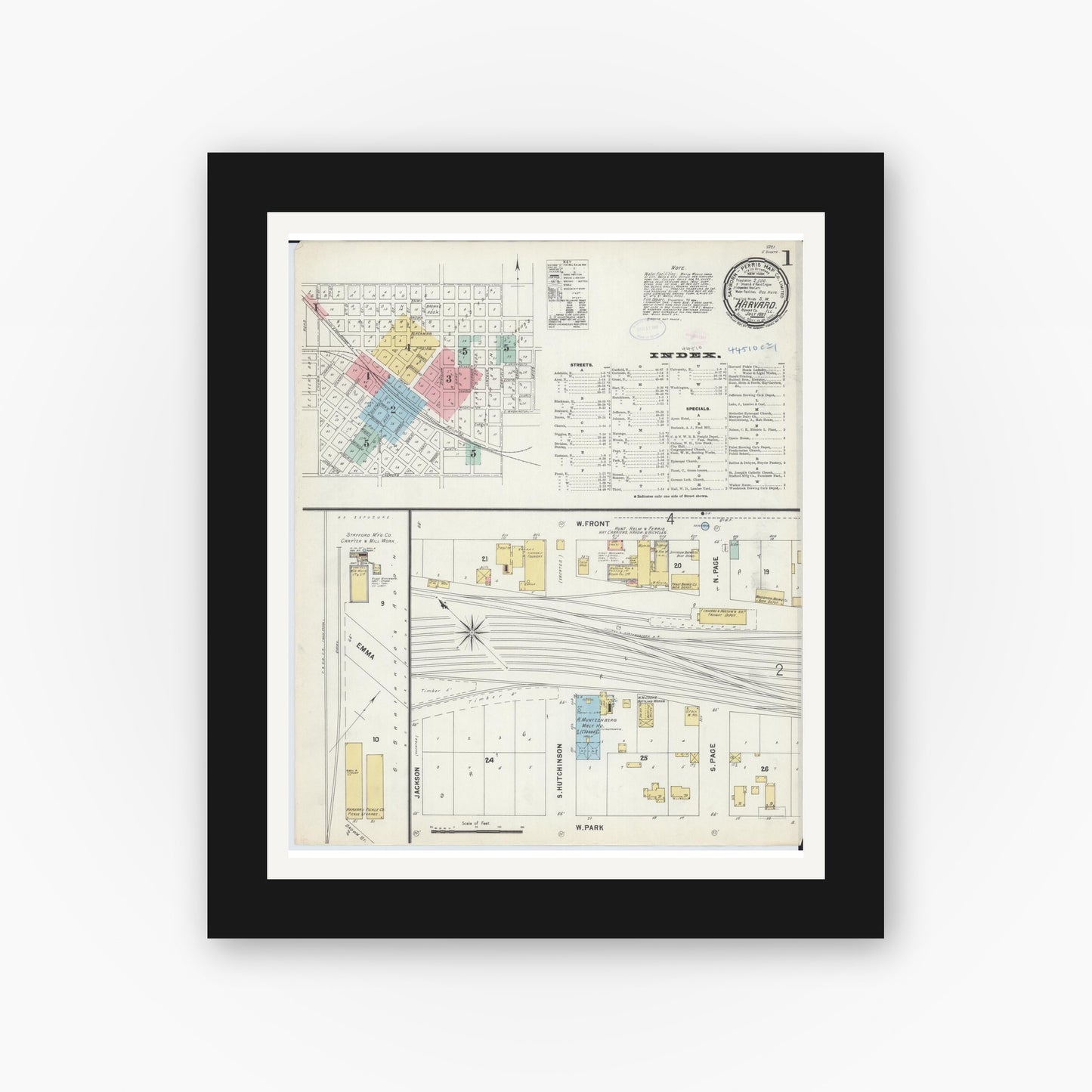 Old map wall art mockup — black gallery frame with white mat — Sanborn Fire Insurance Map from Harvard, McHenry County, Illinois (1897), Sheet #0001