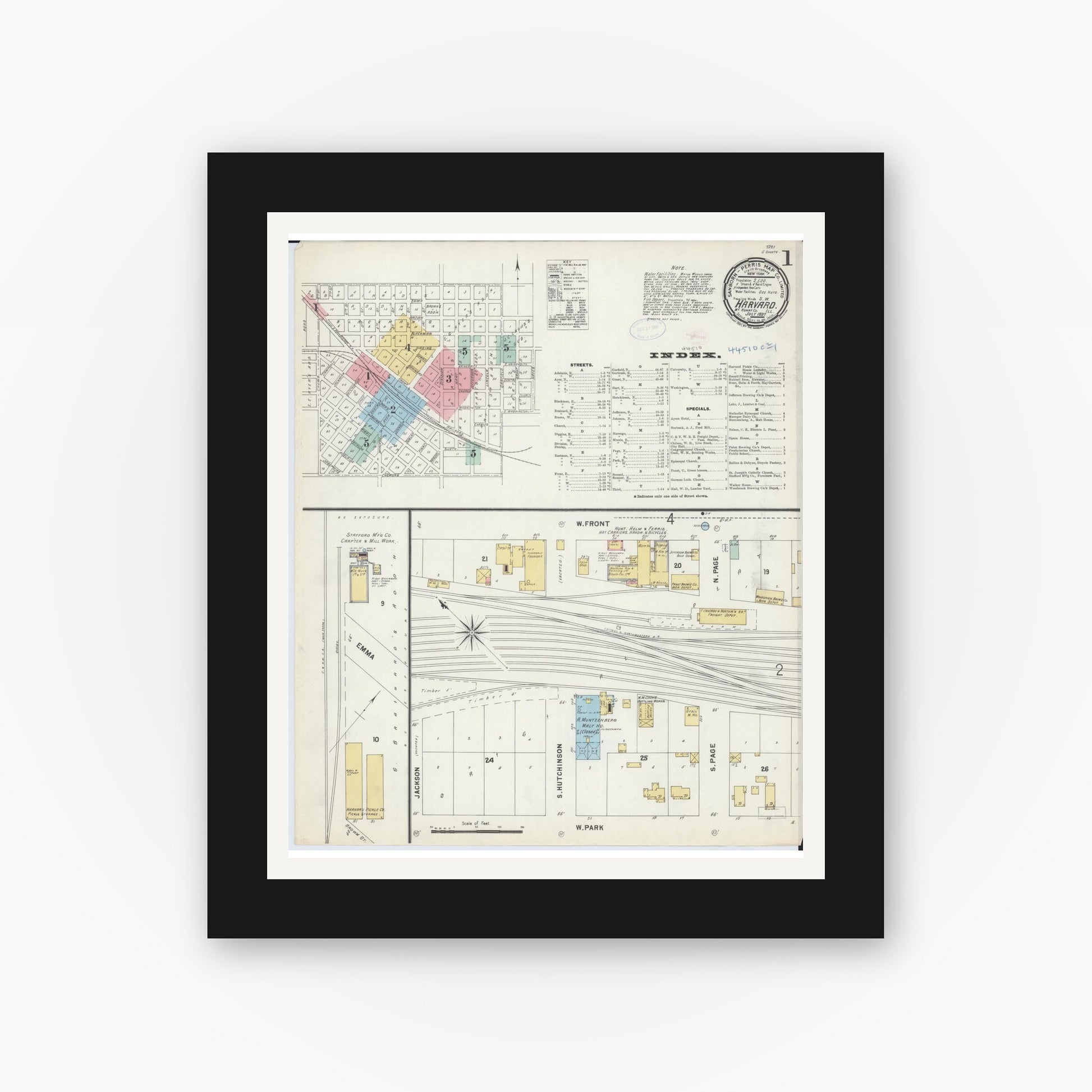 Old map wall art mockup — black gallery frame with white mat — Sanborn Fire Insurance Map from Harvard, McHenry County, Illinois (1897), Sheet #0001