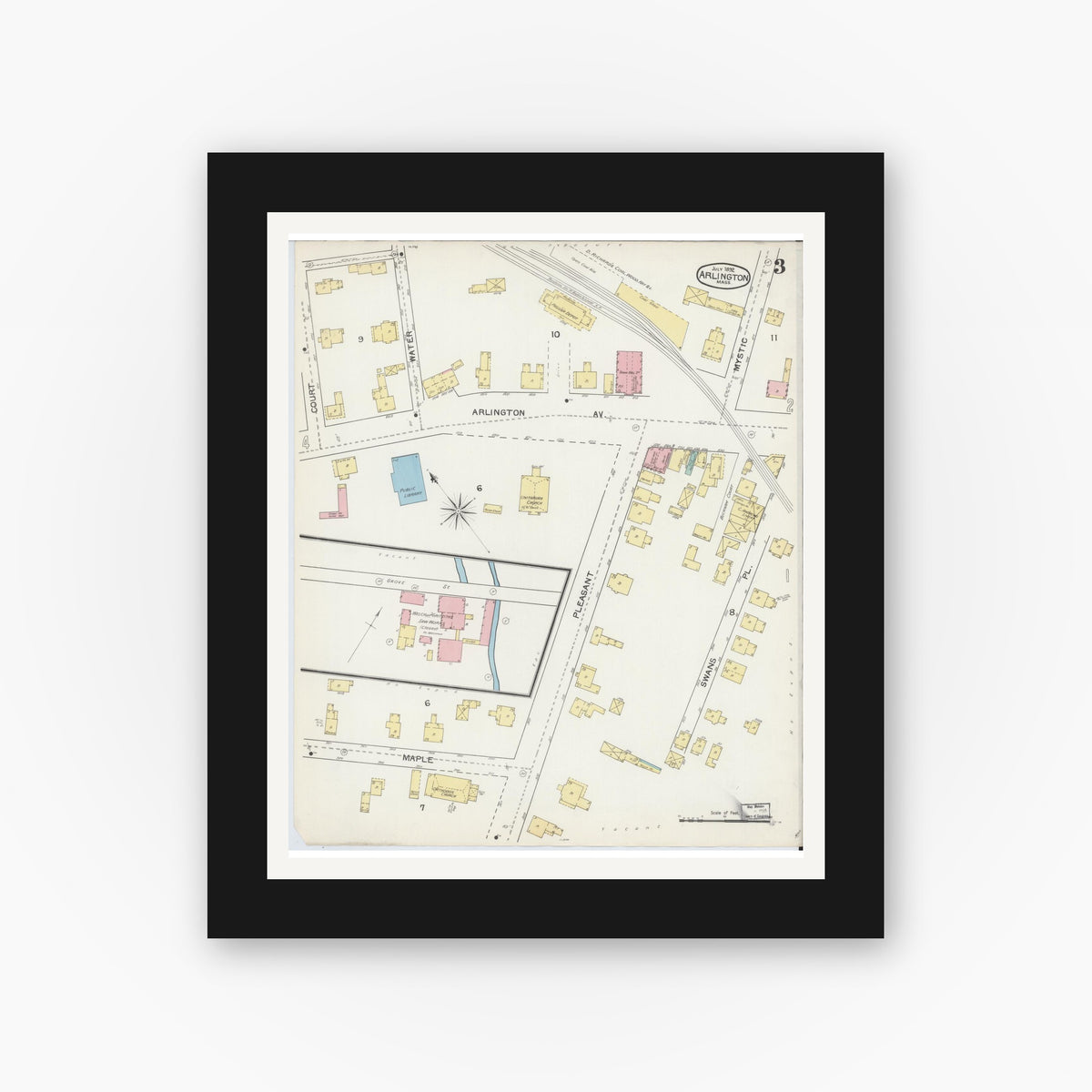 Old map wall art mockup — black gallery frame with white mat — Sanborn Fire Insurance Map from Arlington, Middlesex County, Massachusetts (1892), Sheet #0003