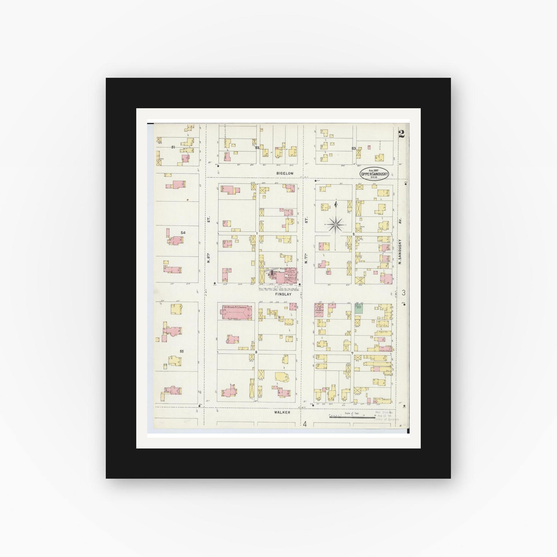 Old map wall art mockup — black gallery frame with white mat — Sanborn Fire Insurance Map from Upper Sandusky, Wyandot County, Ohio (1897), Sheet #0002
