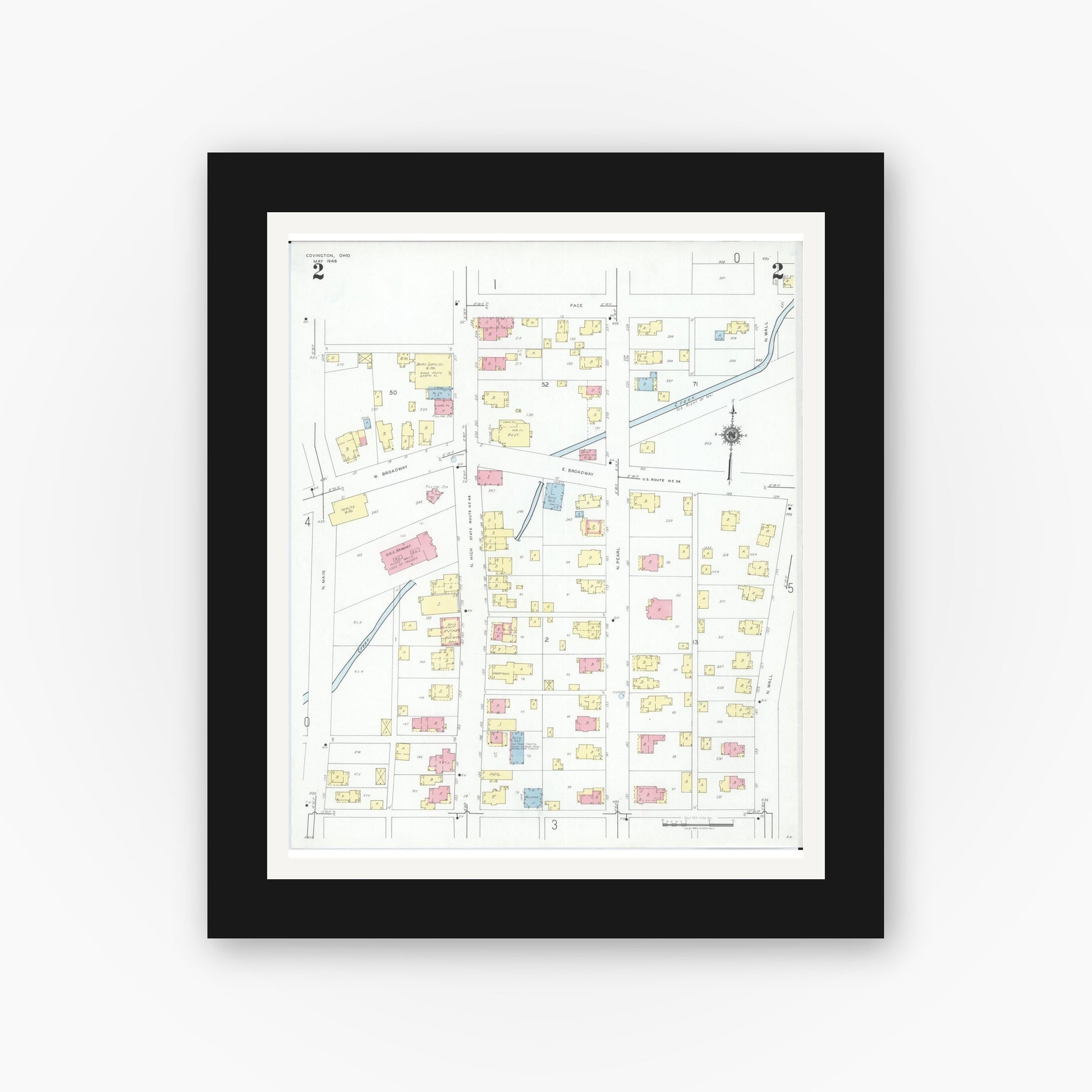 Old map wall art mockup — black gallery frame with white mat — Sanborn Fire Insurance Map from Covington, Miami County, Ohio (1946), Sheet #0002