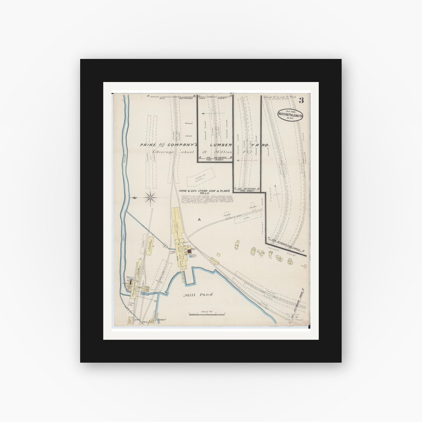 Old map wall art mockup — black gallery frame with white mat — Sanborn Fire Insurance Map from Northern Pacific Junction, Carlton County, Minnesota (1885), Sheet #0003