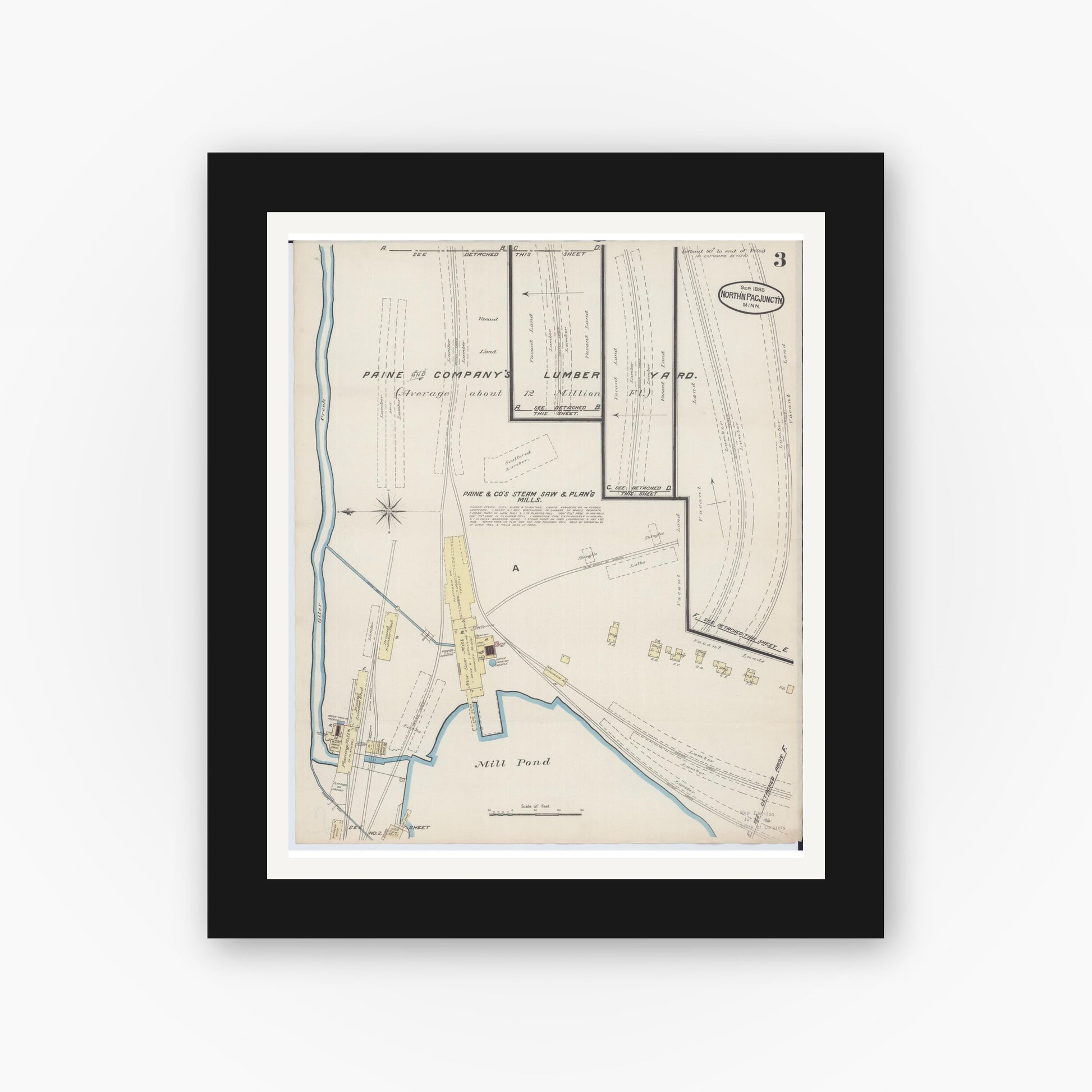 Old map wall art mockup — black gallery frame with white mat — Sanborn Fire Insurance Map from Northern Pacific Junction, Carlton County, Minnesota (1885), Sheet #0003