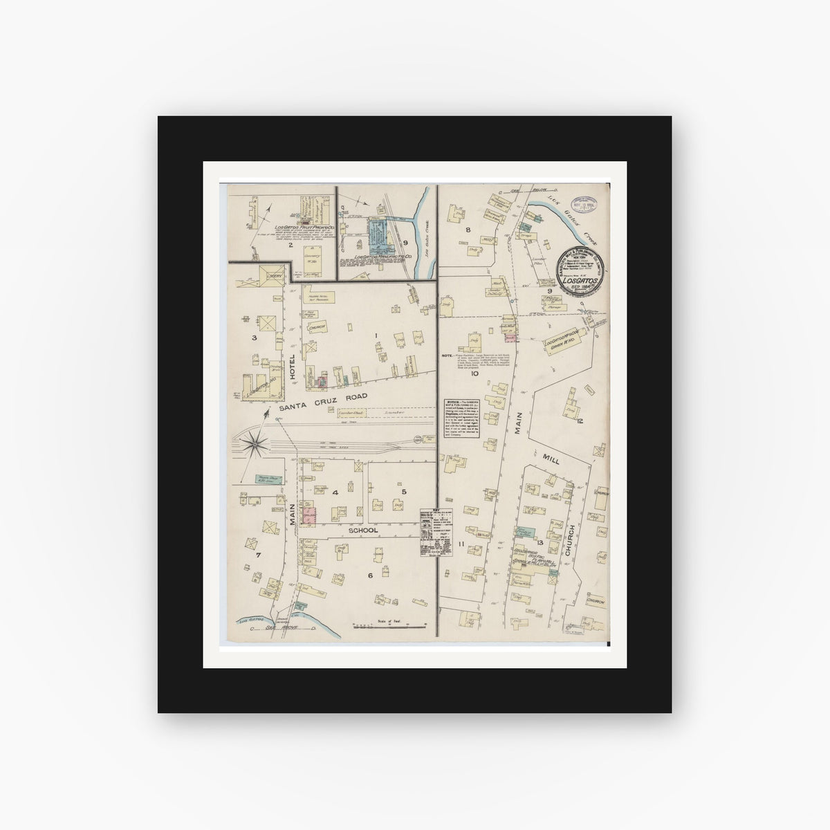 Old map wall art mockup — black gallery frame with white mat — Sanborn Fire Insurance Map from Los Gatos, Santa Clara County, California (1884), Sheet #0001