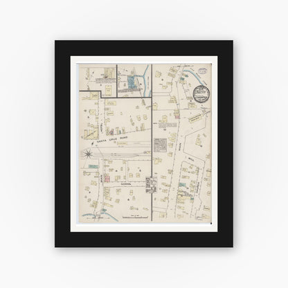 Old map wall art mockup — black gallery frame with white mat — Sanborn Fire Insurance Map from Los Gatos, Santa Clara County, California (1884), Sheet #0001