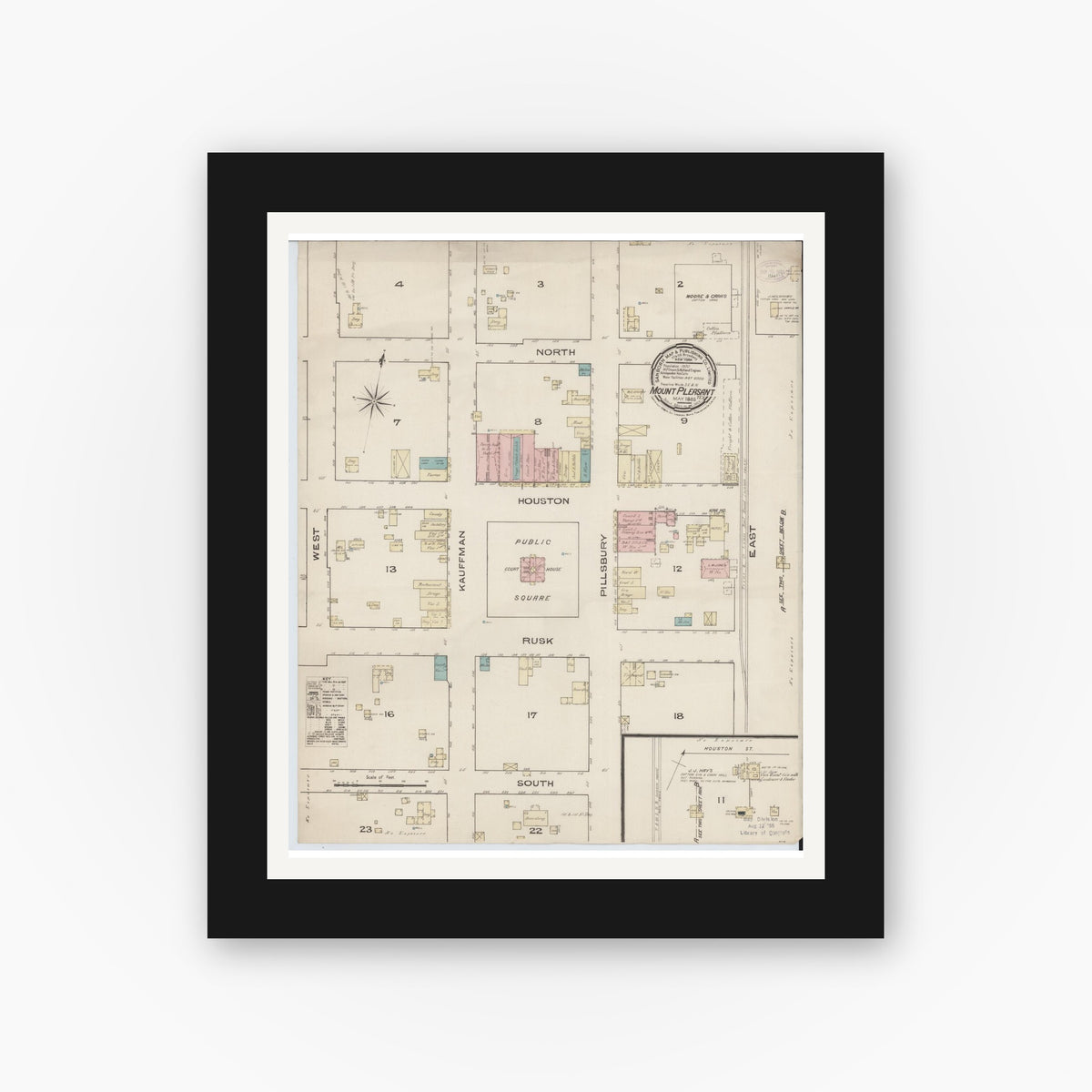 Old map wall art mockup — black gallery frame with white mat — Sanborn Fire Insurance Map from Mount Pleasant, Titus County, Texas (1885), Sheet #0001