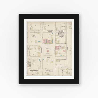 Old map wall art mockup — black gallery frame with white mat — Sanborn Fire Insurance Map from Mount Pleasant, Titus County, Texas (1885), Sheet #0001