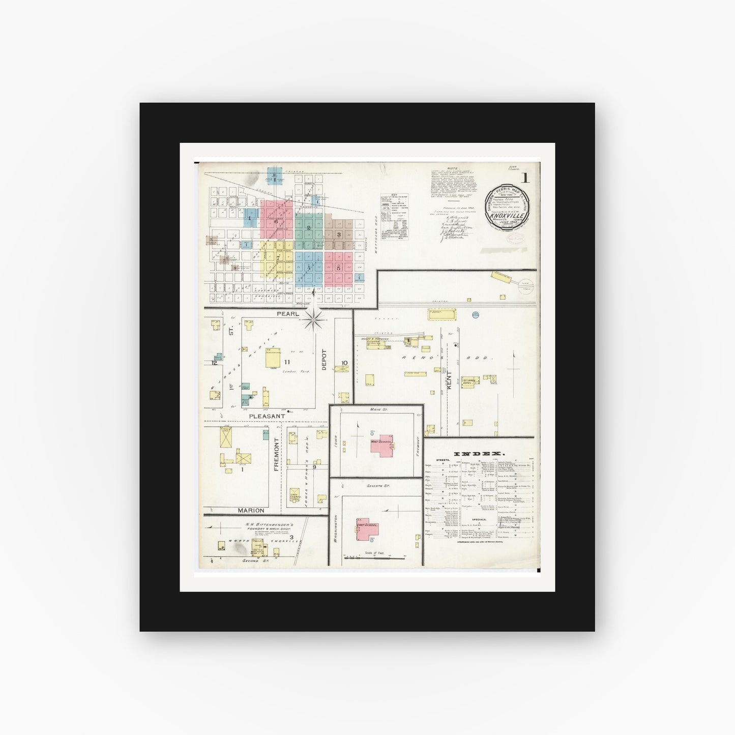 Old map wall art mockup — black gallery frame with white mat — Sanborn Fire Insurance Map from Knoxville, Marion County, Iowa (1893) â€” Complete Set