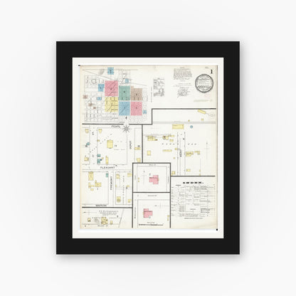 Old map wall art mockup — black gallery frame with white mat — Sanborn Fire Insurance Map from Knoxville, Marion County, Iowa (1893) â€” Complete Set