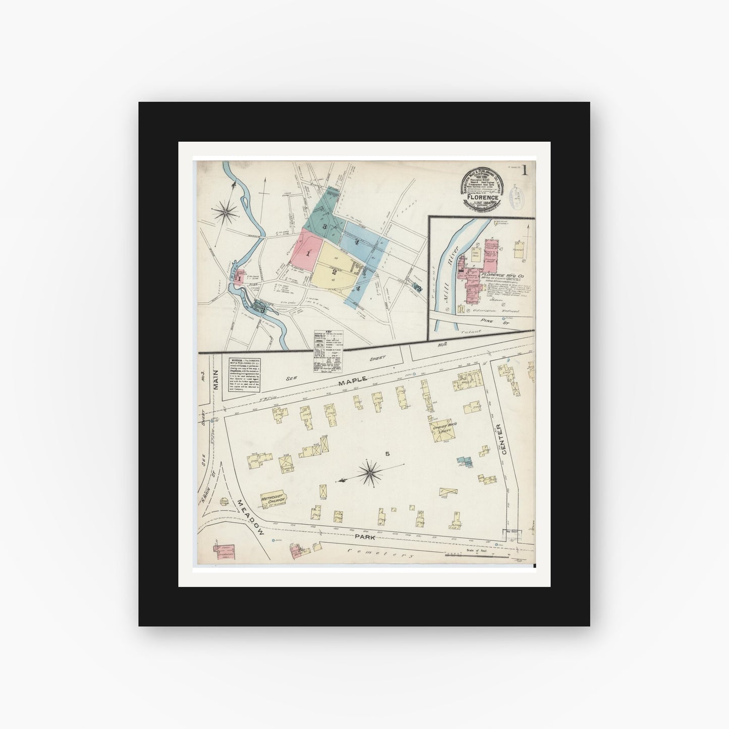 Old map wall art mockup — black gallery frame with white mat — Sanborn Fire Insurance Map from Florence, Hampshire County, Massachusetts (1884), Sheet #0001