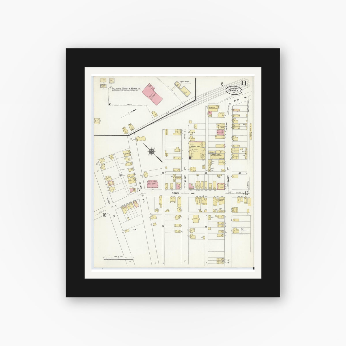 Old map wall art mockup — black gallery frame with white mat — Sanborn Fire Insurance Map from Jeannette, Westmoreland County, Pennsylvania (1910), Sheet #0011