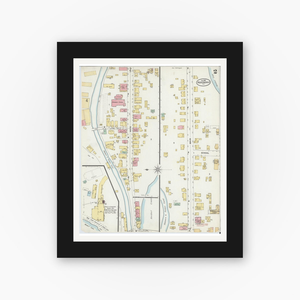 Old map wall art mockup — black gallery frame with white mat — Sanborn Fire Insurance Map from Rosendale, Ulster County, New York (1898), Sheet #0002