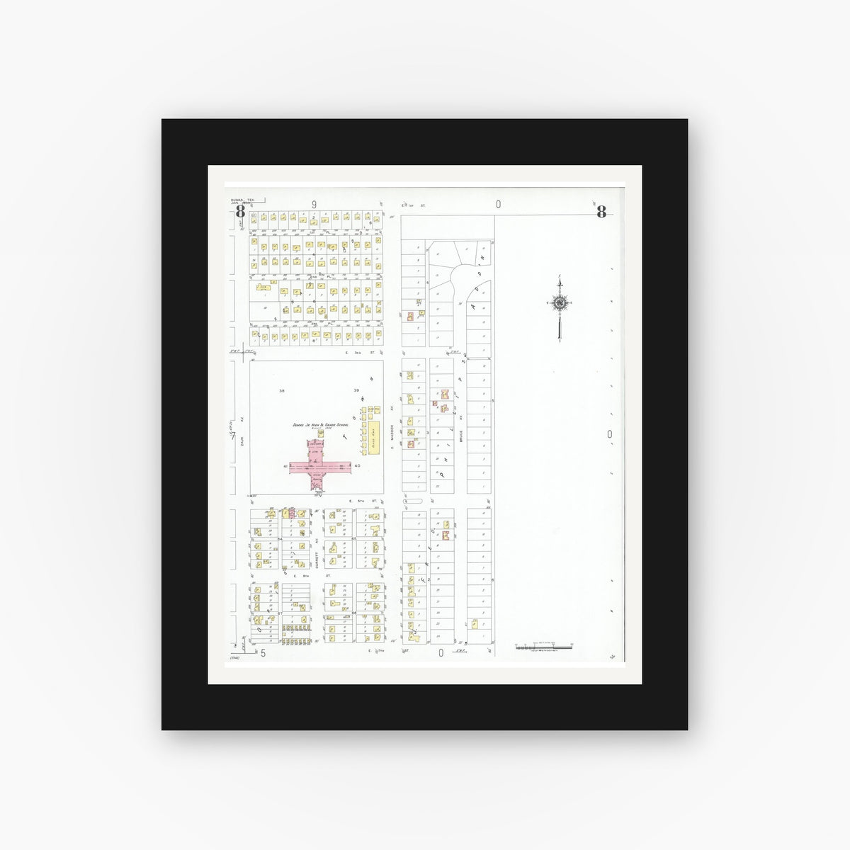 Old map wall art mockup — black gallery frame with white mat — Sanborn Fire Insurance Map from Dumas, Moore County, Texas (1950), Sheet #0008