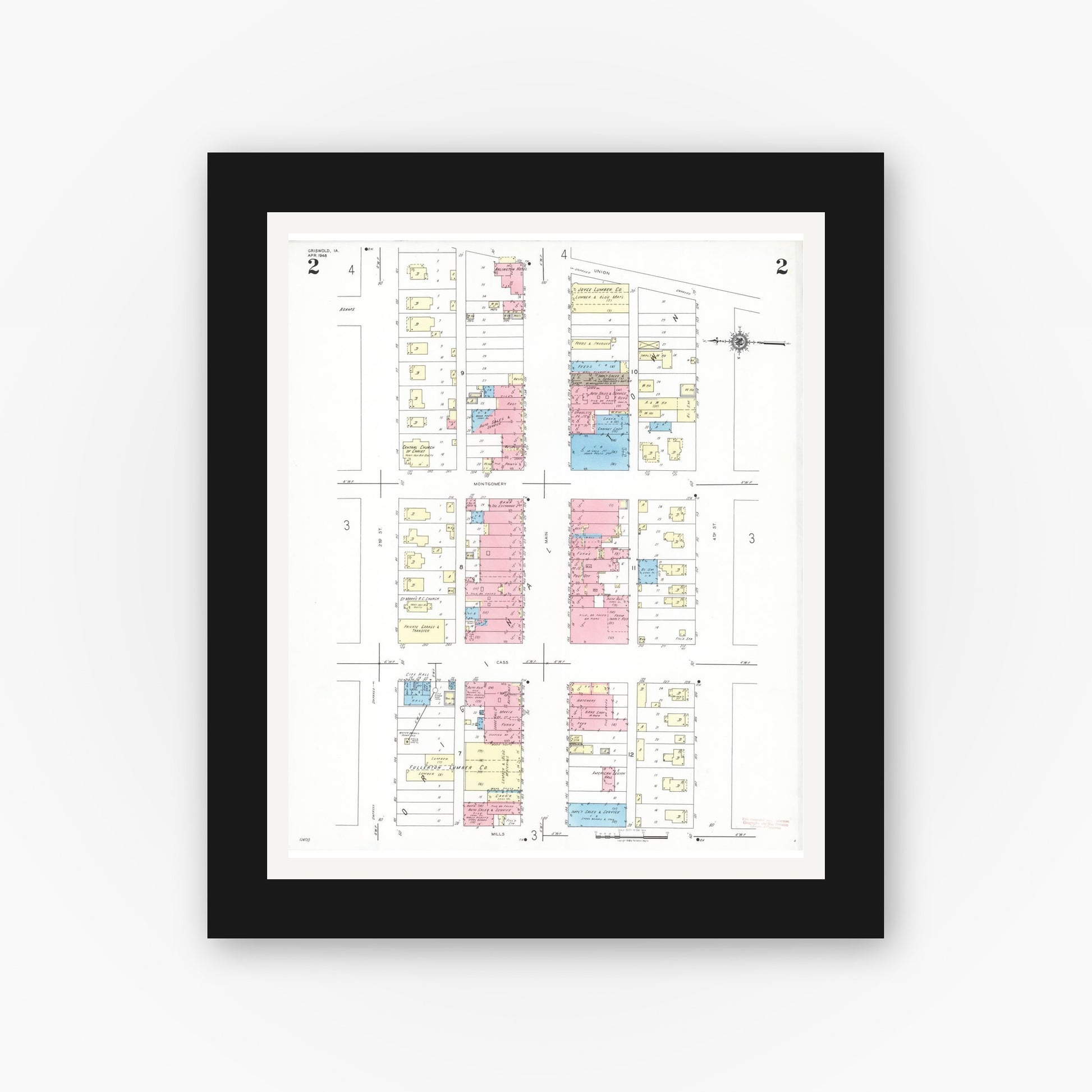 Old map wall art mockup — black gallery frame with white mat — Sanborn Fire Insurance Map from Griswold, Cass County, Iowa (1948), Sheet #0002