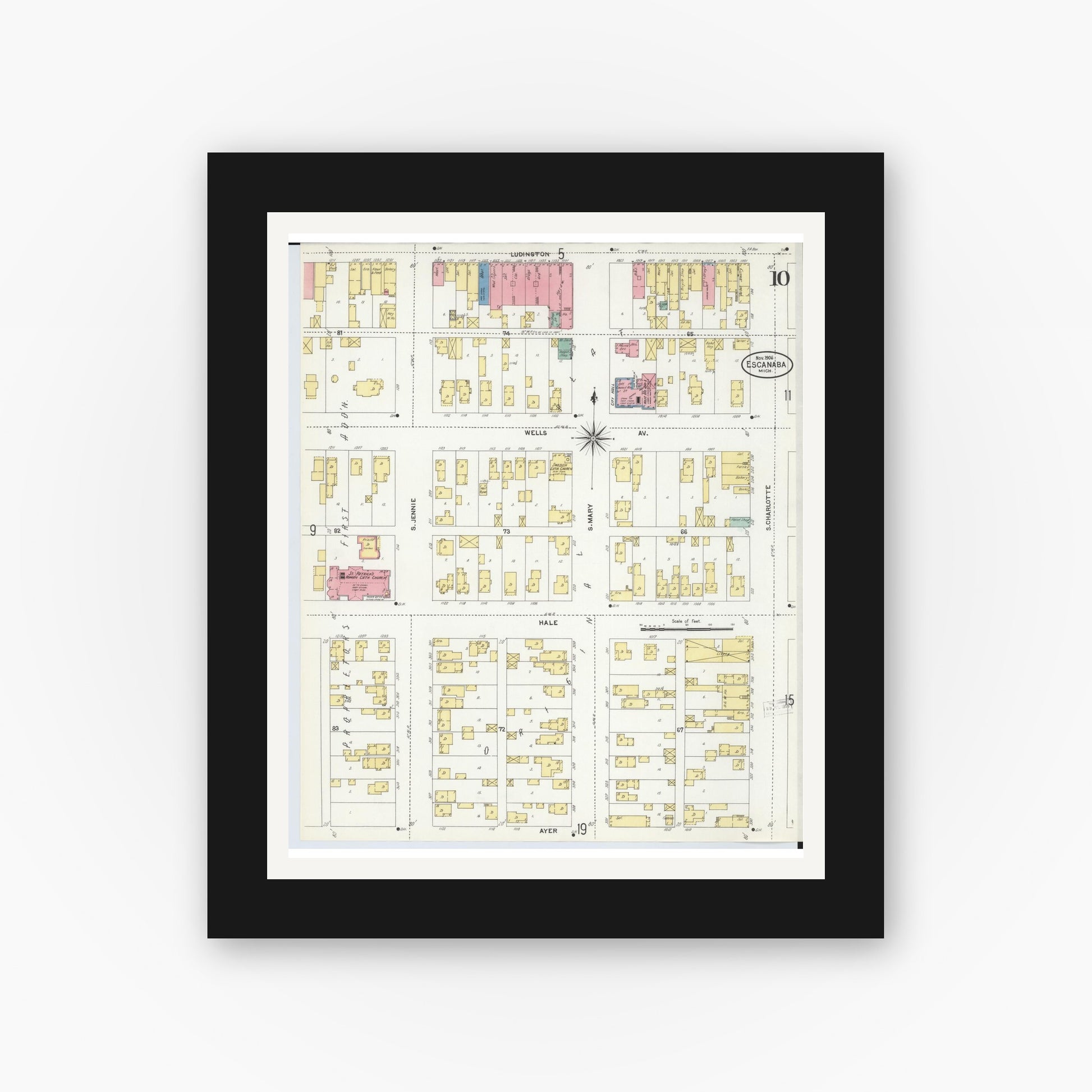 Old map wall art mockup — black gallery frame with white mat — Sanborn Fire Insurance Map from Escanaba, Delta County, Michigan (1906), Sheet #0010