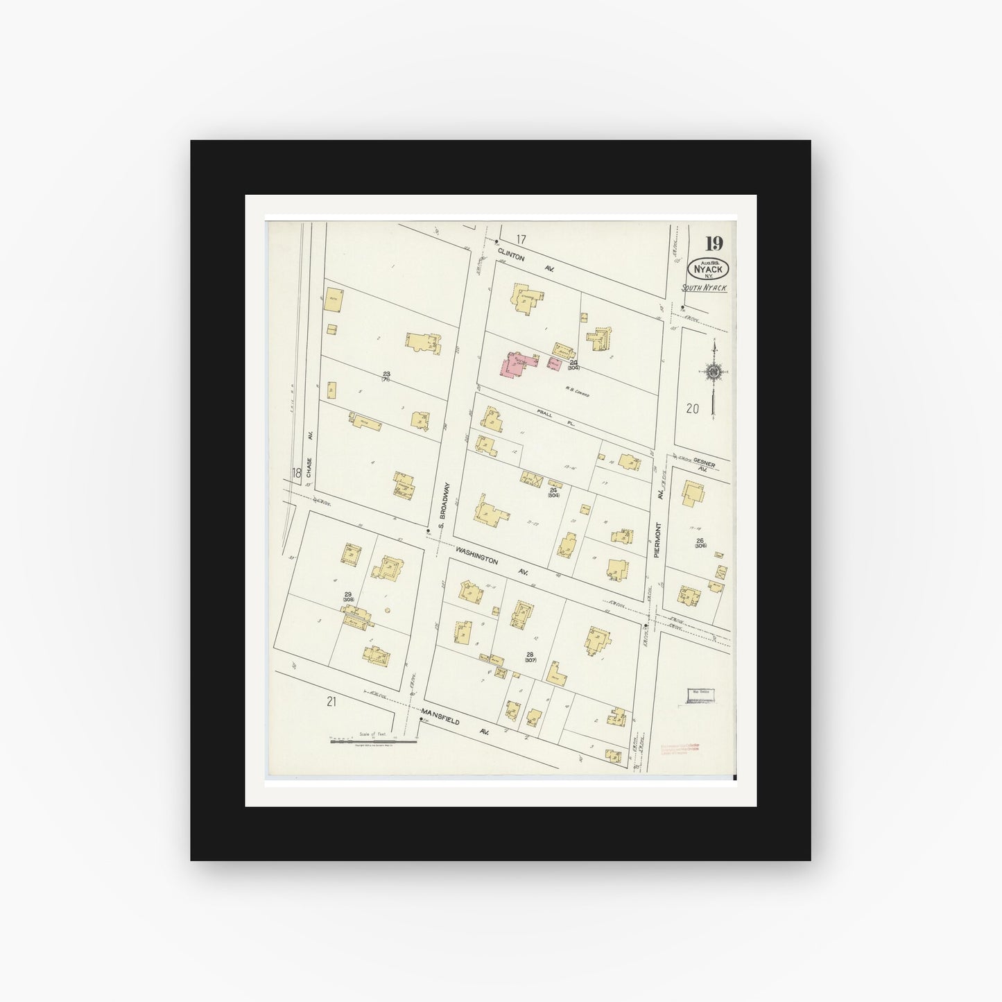 Old map wall art mockup — black gallery frame with white mat — Sanborn Fire Insurance Map from Nyack, Rockland County, New York. (1919), Sheet #0019