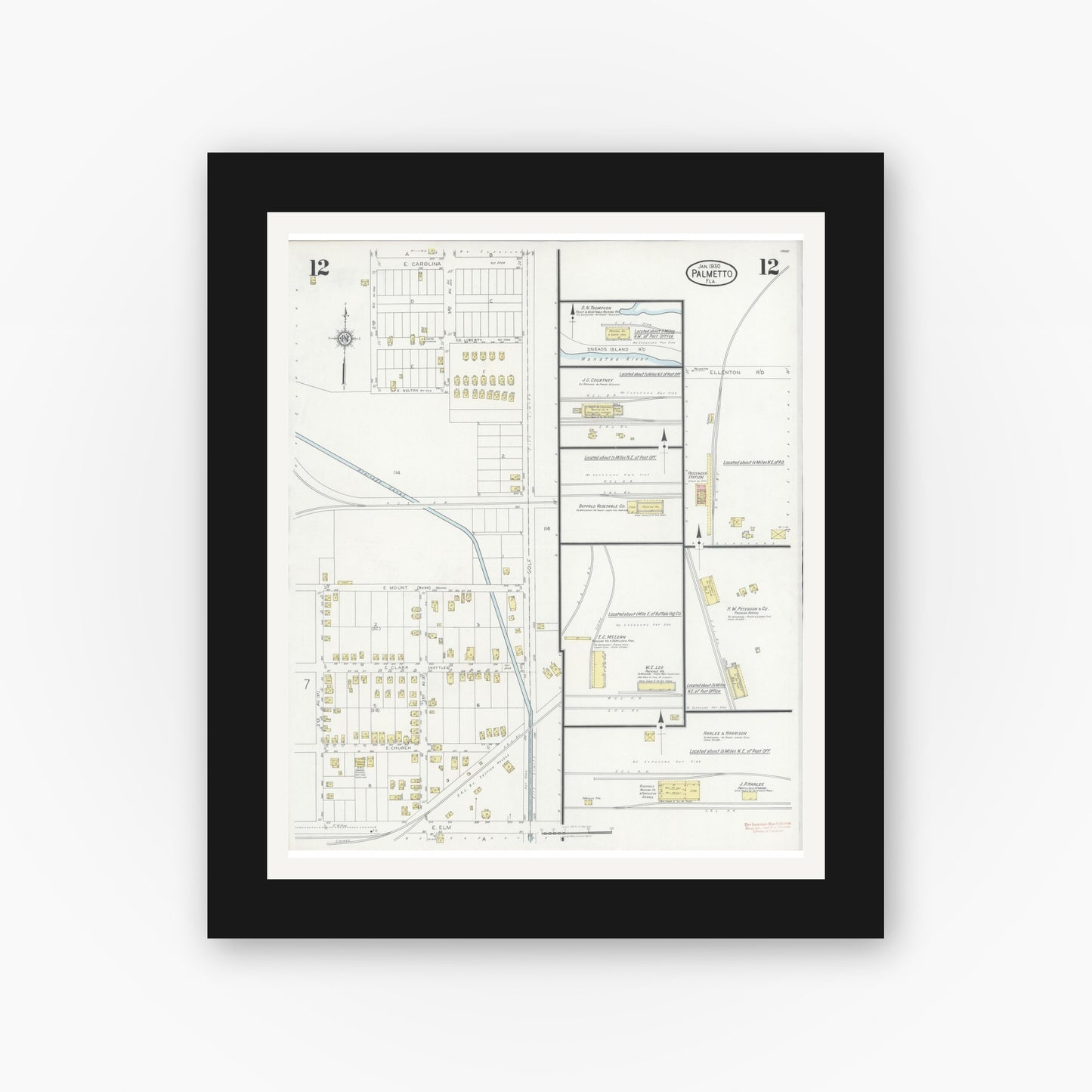 Old map wall art mockup — black gallery frame with white mat — Sanborn Fire Insurance Map from Palmetto, Manatee County, Florida (1930), Sheet #0012