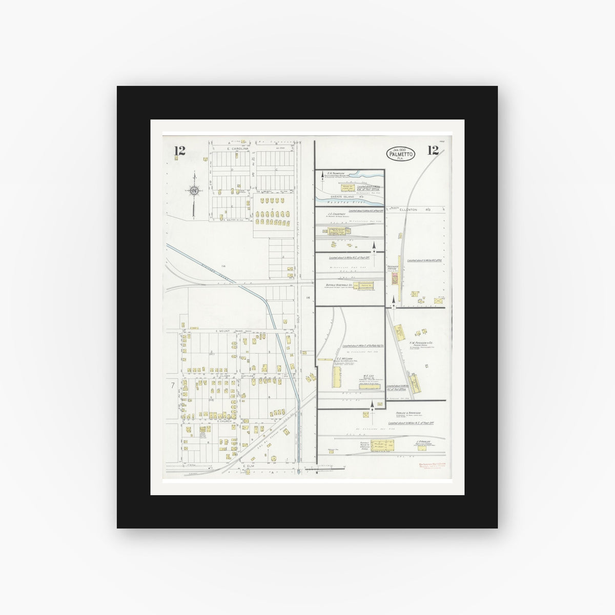 Old map wall art mockup — black gallery frame with white mat — Sanborn Fire Insurance Map from Palmetto, Manatee County, Florida (1930), Sheet #0012