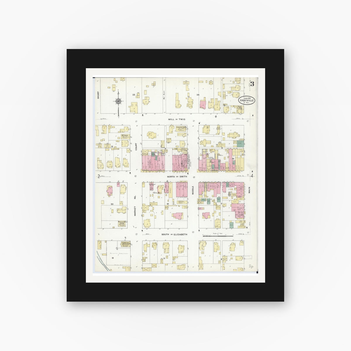 Old map wall art mockup — black gallery frame with white mat — Sanborn Fire Insurance Map from Grayville, White And Edwards Counties, Illinois (1910), Sheet #0003