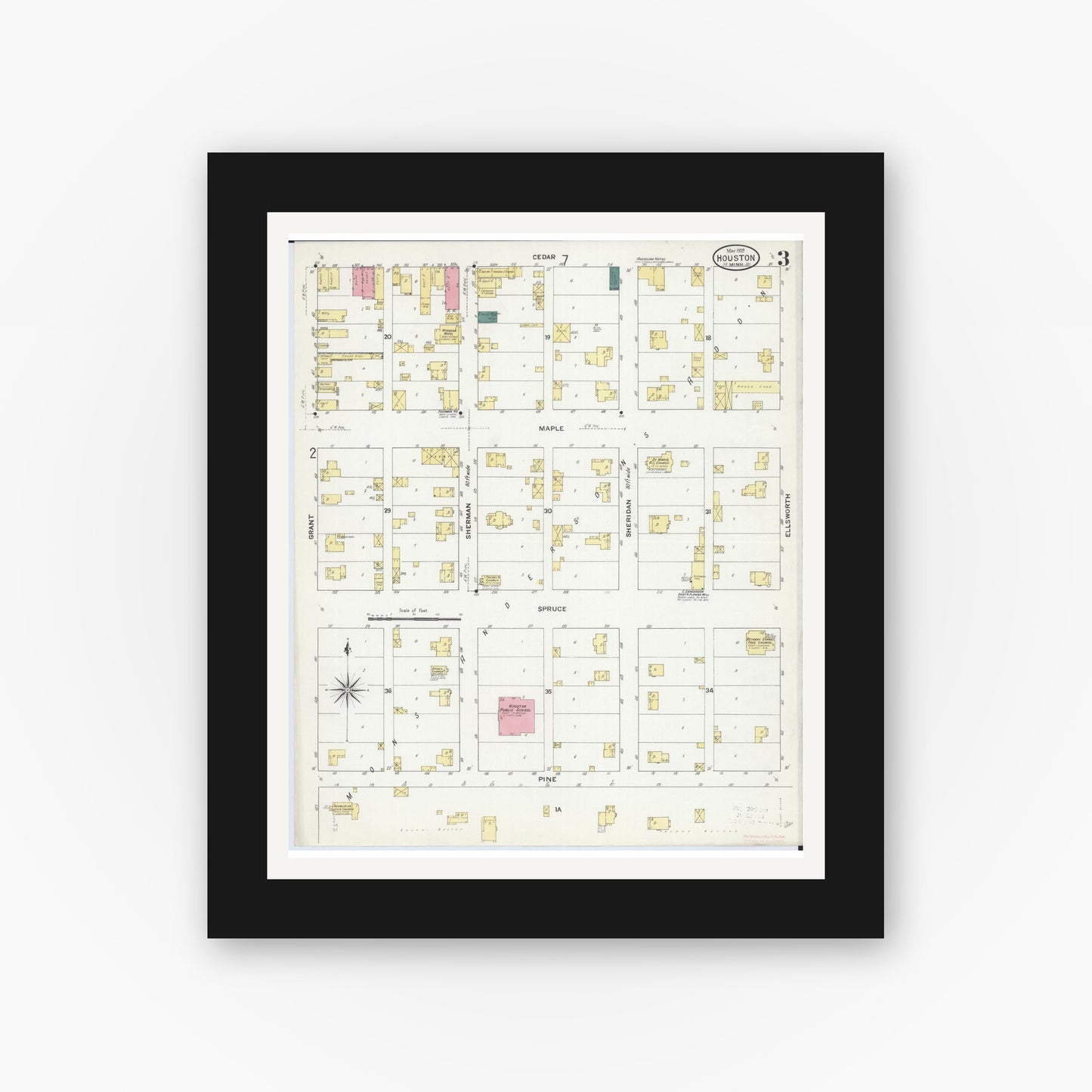 Old map wall art mockup — black gallery frame with white mat — Sanborn Fire Insurance Map from Houston, Houston County, Minnesota (1909), Sheet #0003