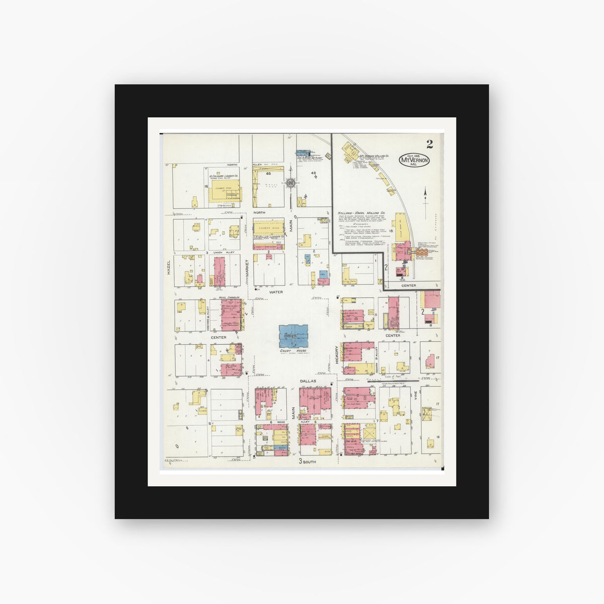 Old map wall art mockup — black gallery frame with white mat — Sanborn Fire Insurance Map from Mount Vernon, Lawrence County, Missouri (1918), Sheet #0002