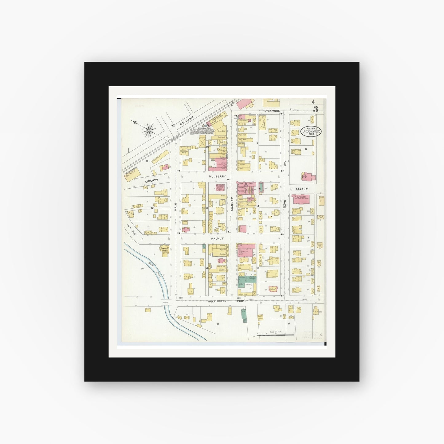 Old map wall art mockup — black gallery frame with white mat — Sanborn Fire Insurance Map from Brookville, Montgomery County, Ohio (1905), Sheet #0003