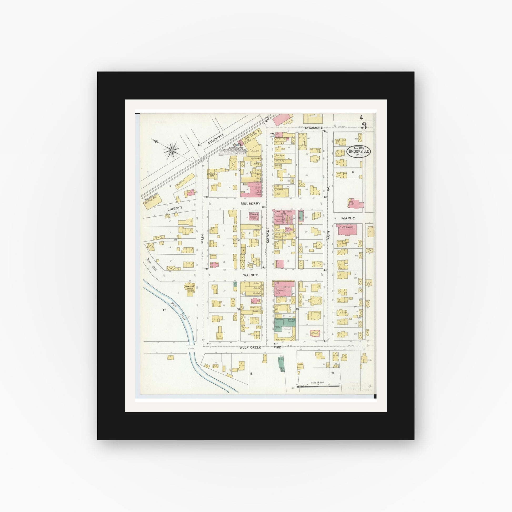 Old map wall art mockup — black gallery frame with white mat — Sanborn Fire Insurance Map from Brookville, Montgomery County, Ohio (1905), Sheet #0003
