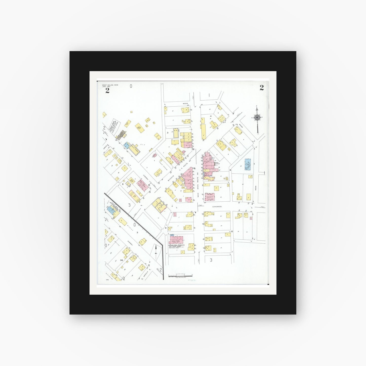Old map wall art mockup — black gallery frame with white mat — Sanborn Fire Insurance Map from West Salem, Wayne County, Ohio (1951), Sheet #0002