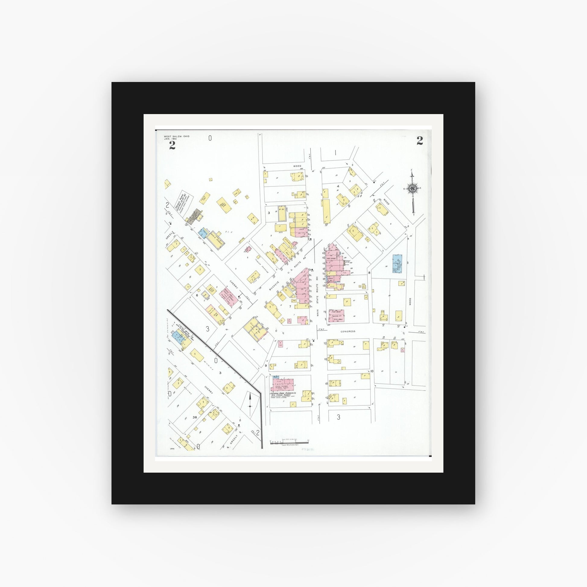Old map wall art mockup — black gallery frame with white mat — Sanborn Fire Insurance Map from West Salem, Wayne County, Ohio (1951), Sheet #0002