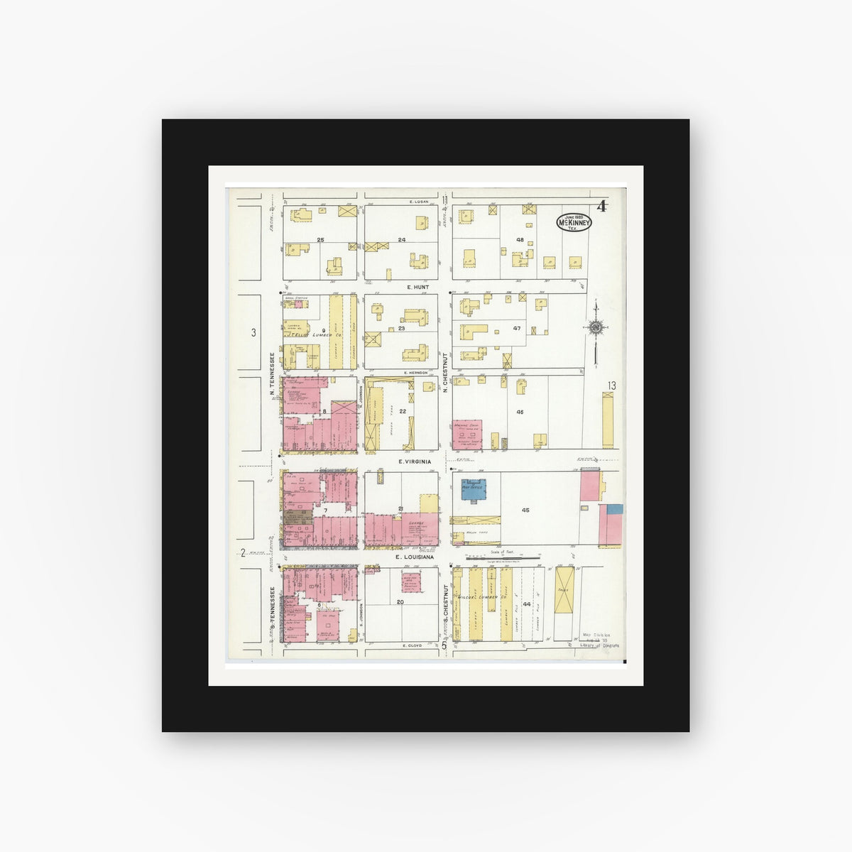Old map wall art mockup — black gallery frame with white mat — Sanborn Fire Insurance Map from McKinney, Collin County, Texas (1920), Sheet #0004
