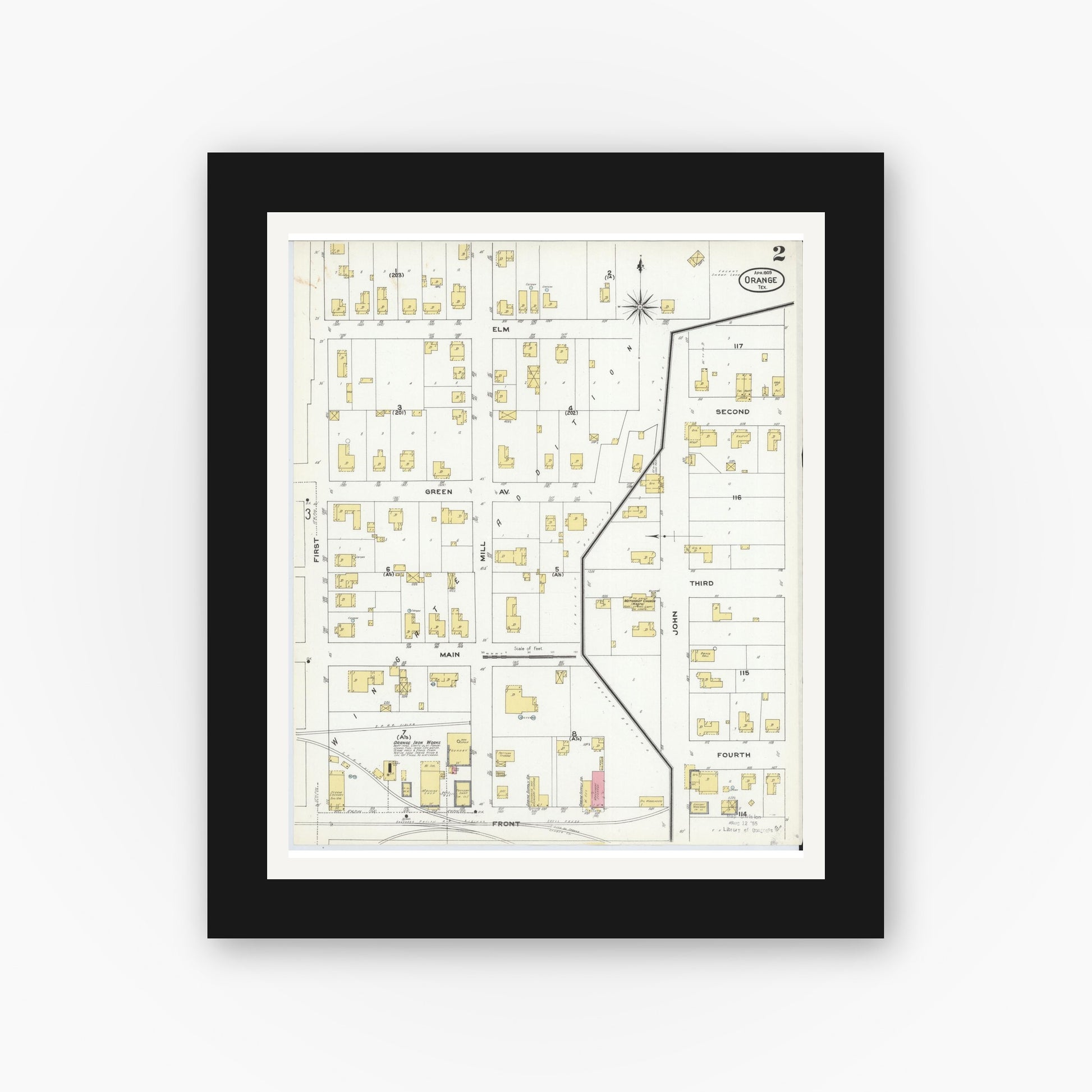 Old map wall art mockup — black gallery frame with white mat — Sanborn Fire Insurance Map from Orange, Orange County, Texas (1909), Sheet #0002
