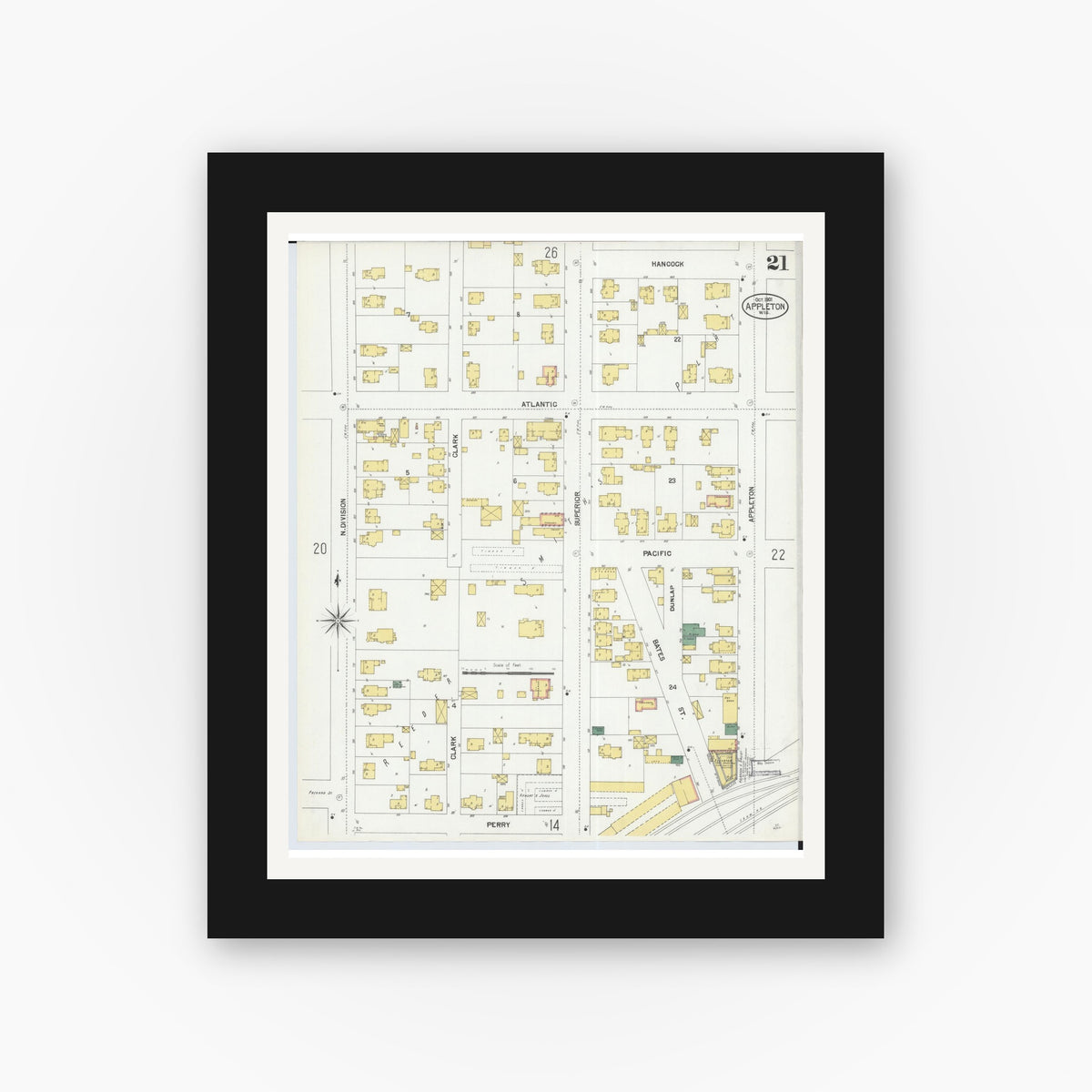 Old map wall art mockup — black gallery frame with white mat — Sanborn Fire Insurance Map from Appleton, Outagamie County, Wisconsin (1901), Sheet #0021