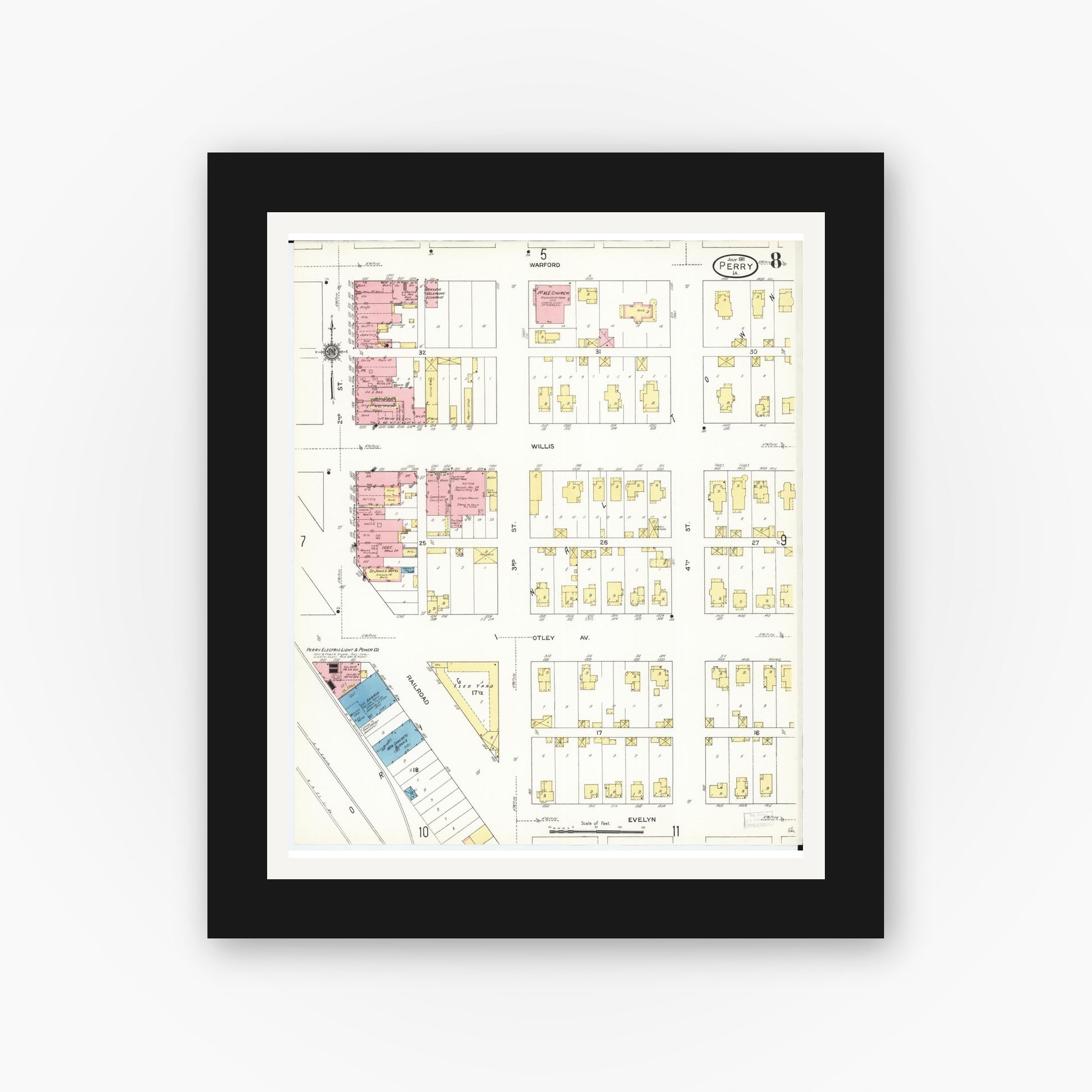 Old map wall art mockup — black gallery frame with white mat — Sanborn Fire Insurance Map from Perry, Dallas County, Iowa (1911), Sheet #0008