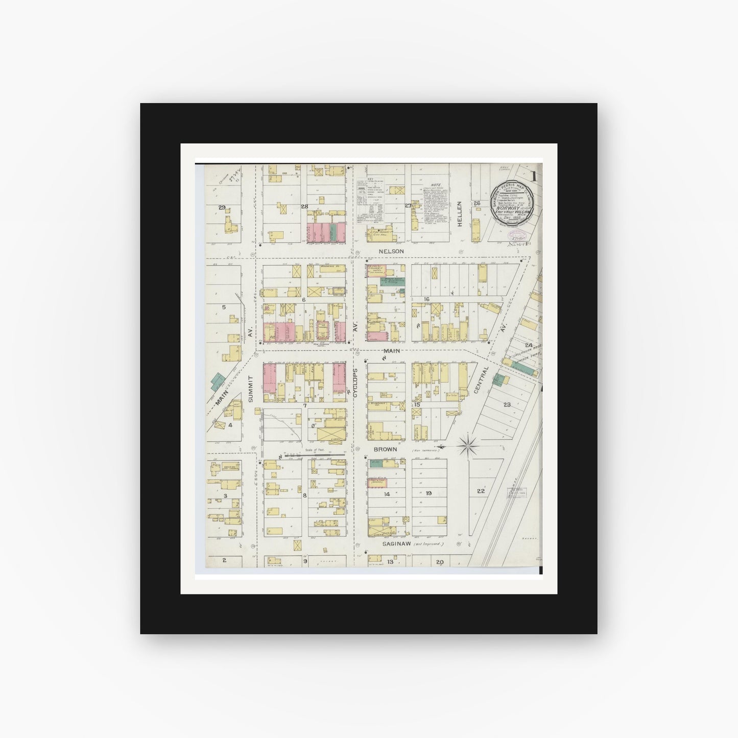 Old map wall art mockup — black gallery frame with white mat — Sanborn Fire Insurance Map from Norway, Dickinson County, Michigan (1893) - Complete Map Set