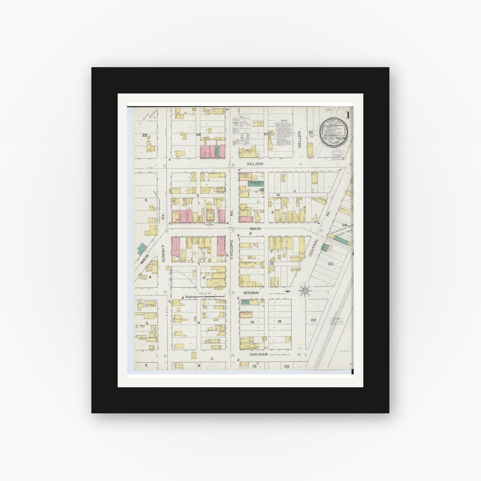 Old map wall art mockup — black gallery frame with white mat — Sanborn Fire Insurance Map from Norway, Dickinson County, Michigan (1893) - Complete Map Set