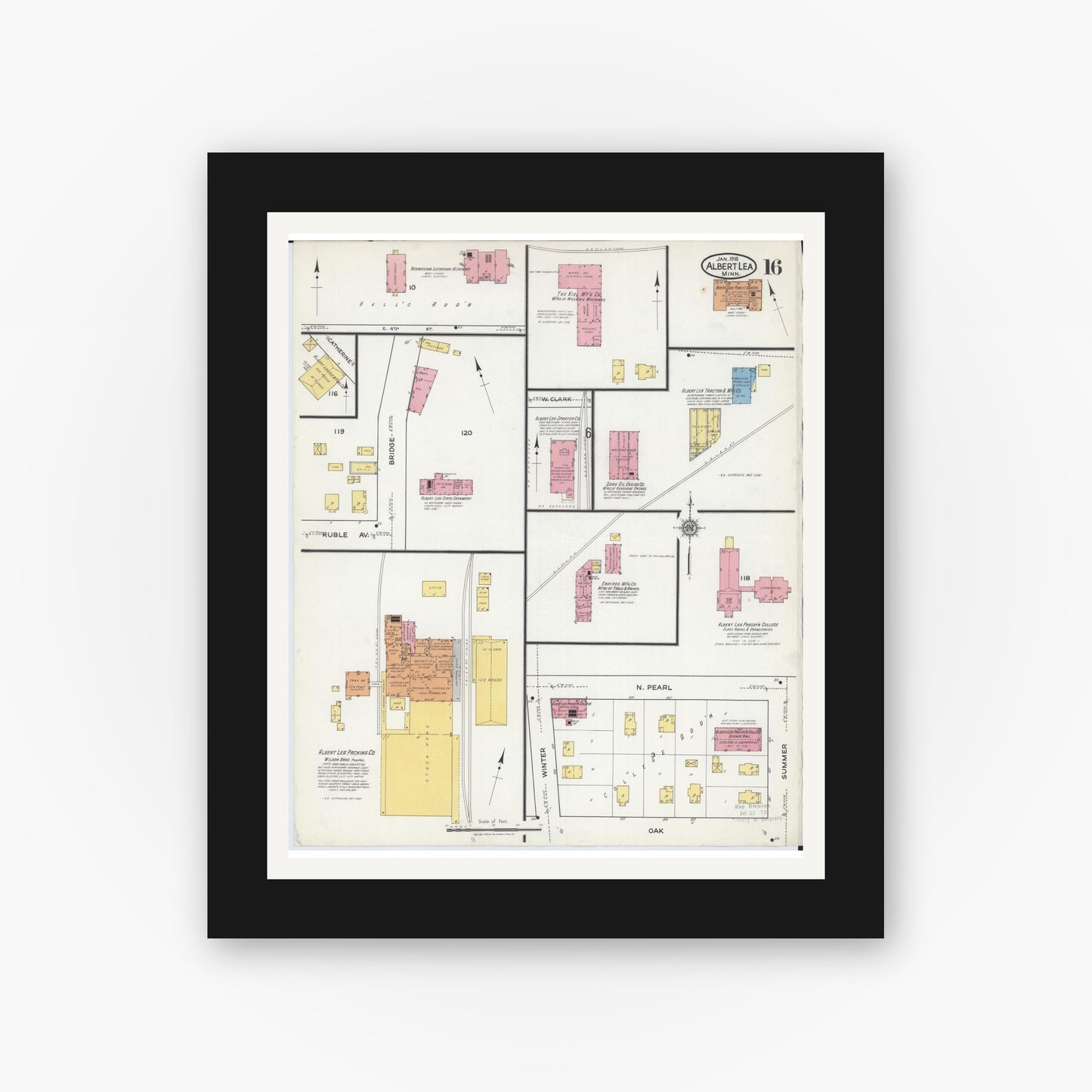 Old map wall art mockup — black gallery frame with white mat — Sanborn Fire Insurance Map from Albert Lea, Freeborn County, Minnesota (1918), Sheet #0016