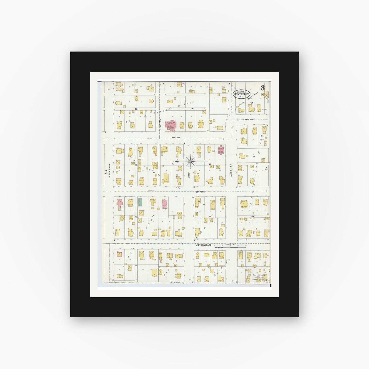 Old map wall art mockup — black gallery frame with white mat — Sanborn Fire Insurance Map from Montpelier, Williams County, Ohio (1905), Sheet #0003