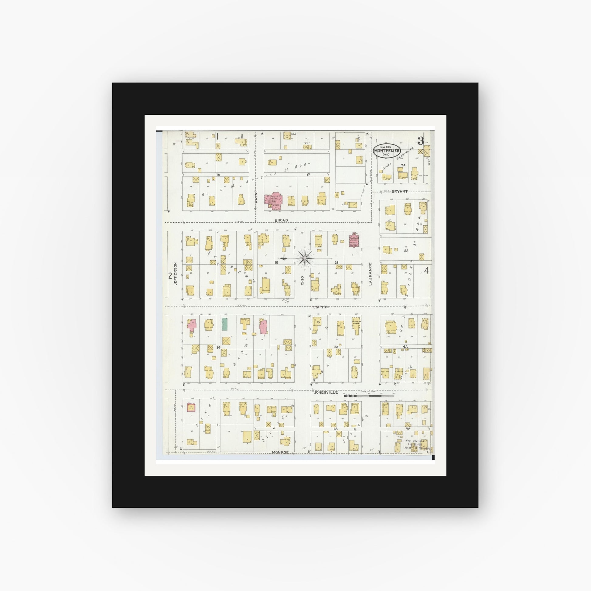 Old map wall art mockup — black gallery frame with white mat — Sanborn Fire Insurance Map from Montpelier, Williams County, Ohio (1905), Sheet #0003