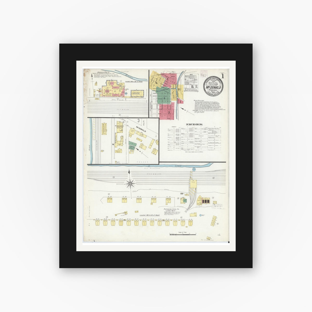 Old map wall art mockup — black gallery frame with white mat — Sanborn Fire Insurance Map from McDonald, Washington County, Pennsylvania (1908), Sheet #0001