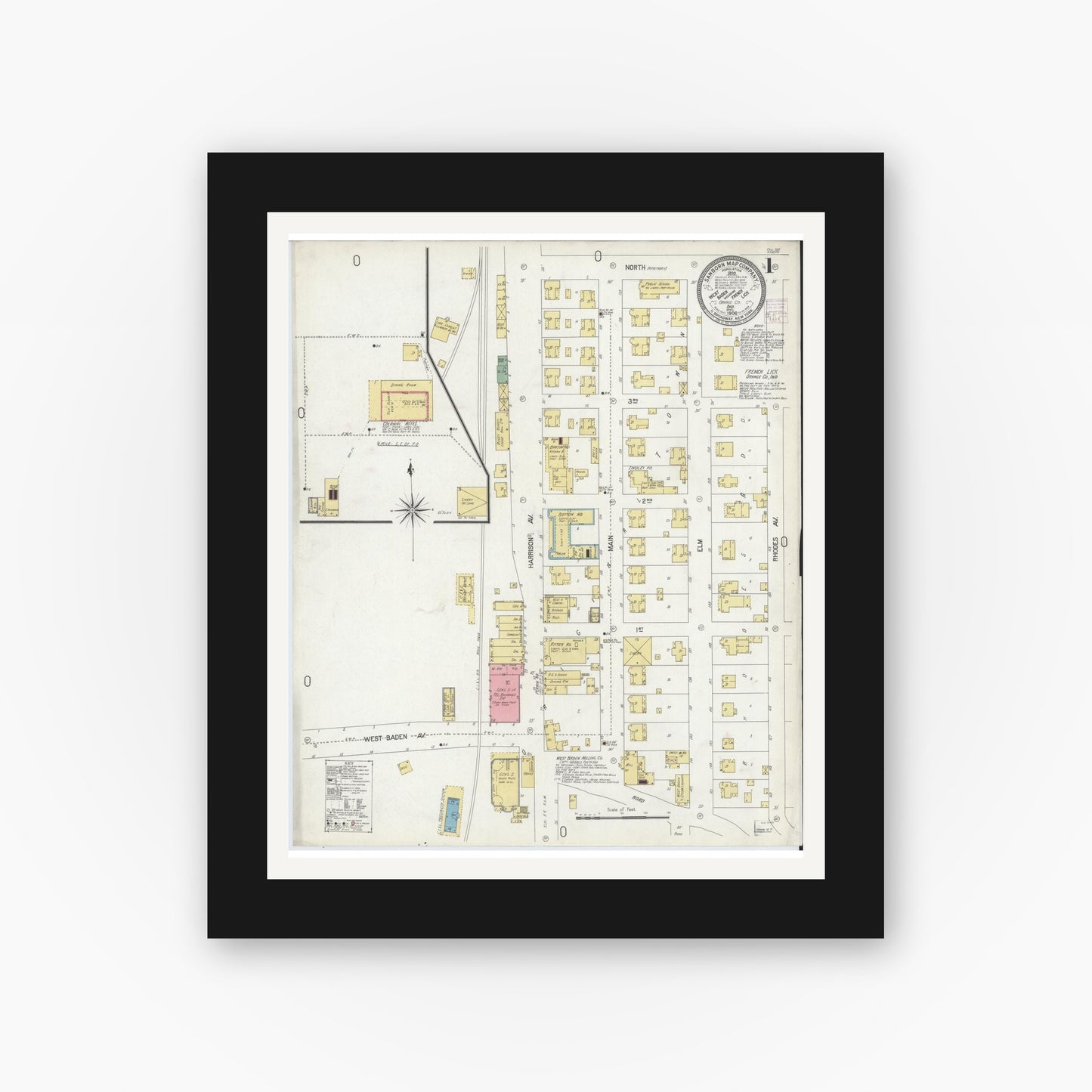 Old map wall art mockup — black gallery frame with white mat — Sanborn Fire Insurance Map from West Baden, Orange County, Indiana (1906) - Complete Map Set